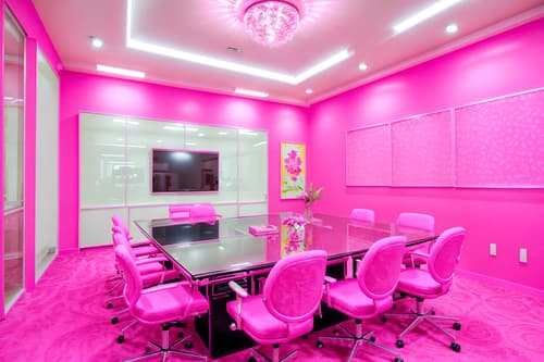 photo from pinterest of hot pink-style interior designed (meeting room interior) with painting or photo on wall and cabinets and glass walls and boardroom table and glass doors and vase and plant and office chairs. . with barbie sofa and hot pink barbie walls and barbie chairs and barbie glitter and sparkle and barbie closet and hot pink barbie colors and barbie style interior and barbie bold rosy hues like fuchsia and magenta. . cinematic photo, highly detailed, cinematic lighting, ultra-detailed, ultrarealistic, photorealism, 8k. trending on pinterest. hot pink interior design style. masterpiece, cinematic light, ultrarealistic+, photorealistic+, 8k, raw photo, realistic, sharp focus on eyes, (symmetrical eyes), (intact eyes), hyperrealistic, highest quality, best quality, , highly detailed, masterpiece, best quality, extremely detailed 8k wallpaper, masterpiece, best quality, ultra-detailed, best shadow, detailed background, detailed face, detailed eyes, high contrast, best illumination, detailed face, dulux, caustic, dynamic angle, detailed glow. dramatic lighting. highly detailed, insanely detailed hair, symmetrical, intricate details, professionally retouched, 8k high definition. strong bokeh. award winning photo.