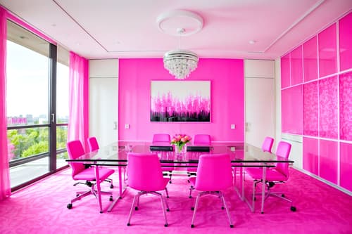 photo from pinterest of hot pink-style interior designed (meeting room interior) with painting or photo on wall and cabinets and glass walls and boardroom table and glass doors and vase and plant and office chairs. . with barbie sofa and hot pink barbie walls and barbie chairs and barbie glitter and sparkle and barbie closet and hot pink barbie colors and barbie style interior and barbie bold rosy hues like fuchsia and magenta. . cinematic photo, highly detailed, cinematic lighting, ultra-detailed, ultrarealistic, photorealism, 8k. trending on pinterest. hot pink interior design style. masterpiece, cinematic light, ultrarealistic+, photorealistic+, 8k, raw photo, realistic, sharp focus on eyes, (symmetrical eyes), (intact eyes), hyperrealistic, highest quality, best quality, , highly detailed, masterpiece, best quality, extremely detailed 8k wallpaper, masterpiece, best quality, ultra-detailed, best shadow, detailed background, detailed face, detailed eyes, high contrast, best illumination, detailed face, dulux, caustic, dynamic angle, detailed glow. dramatic lighting. highly detailed, insanely detailed hair, symmetrical, intricate details, professionally retouched, 8k high definition. strong bokeh. award winning photo.