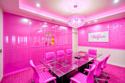 photo from pinterest of hot pink-style interior designed (meeting room interior) with painting or photo on wall and cabinets and glass walls and boardroom table and glass doors and vase and plant and office chairs. . with barbie sofa and hot pink barbie walls and barbie chairs and barbie glitter and sparkle and barbie closet and hot pink barbie colors and barbie style interior and barbie bold rosy hues like fuchsia and magenta. . cinematic photo, highly detailed, cinematic lighting, ultra-detailed, ultrarealistic, photorealism, 8k. trending on pinterest. hot pink interior design style. masterpiece, cinematic light, ultrarealistic+, photorealistic+, 8k, raw photo, realistic, sharp focus on eyes, (symmetrical eyes), (intact eyes), hyperrealistic, highest quality, best quality, , highly detailed, masterpiece, best quality, extremely detailed 8k wallpaper, masterpiece, best quality, ultra-detailed, best shadow, detailed background, detailed face, detailed eyes, high contrast, best illumination, detailed face, dulux, caustic, dynamic angle, detailed glow. dramatic lighting. highly detailed, insanely detailed hair, symmetrical, intricate details, professionally retouched, 8k high definition. strong bokeh. award winning photo.