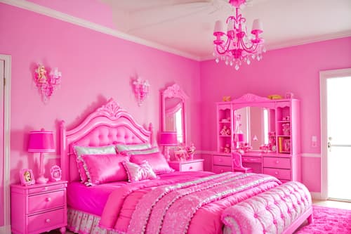 photo from pinterest of hot pink-style interior designed (bedroom interior) with plant and bed and dresser closet and bedside table or night stand and mirror and night light and accent chair and headboard. . with barbie plastic interior and barbie bold rosy hues like fuchsia and magenta and barbie style interior and barbie chairs and barbie glitter and sparkle and barbie sofa and hot pink barbie walls and hot pink barbie colors. . cinematic photo, highly detailed, cinematic lighting, ultra-detailed, ultrarealistic, photorealism, 8k. trending on pinterest. hot pink interior design style. masterpiece, cinematic light, ultrarealistic+, photorealistic+, 8k, raw photo, realistic, sharp focus on eyes, (symmetrical eyes), (intact eyes), hyperrealistic, highest quality, best quality, , highly detailed, masterpiece, best quality, extremely detailed 8k wallpaper, masterpiece, best quality, ultra-detailed, best shadow, detailed background, detailed face, detailed eyes, high contrast, best illumination, detailed face, dulux, caustic, dynamic angle, detailed glow. dramatic lighting. highly detailed, insanely detailed hair, symmetrical, intricate details, professionally retouched, 8k high definition. strong bokeh. award winning photo.