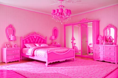 photo from pinterest of hot pink-style interior designed (bedroom interior) with plant and bed and dresser closet and bedside table or night stand and mirror and night light and accent chair and headboard. . with barbie plastic interior and barbie bold rosy hues like fuchsia and magenta and barbie style interior and barbie chairs and barbie glitter and sparkle and barbie sofa and hot pink barbie walls and hot pink barbie colors. . cinematic photo, highly detailed, cinematic lighting, ultra-detailed, ultrarealistic, photorealism, 8k. trending on pinterest. hot pink interior design style. masterpiece, cinematic light, ultrarealistic+, photorealistic+, 8k, raw photo, realistic, sharp focus on eyes, (symmetrical eyes), (intact eyes), hyperrealistic, highest quality, best quality, , highly detailed, masterpiece, best quality, extremely detailed 8k wallpaper, masterpiece, best quality, ultra-detailed, best shadow, detailed background, detailed face, detailed eyes, high contrast, best illumination, detailed face, dulux, caustic, dynamic angle, detailed glow. dramatic lighting. highly detailed, insanely detailed hair, symmetrical, intricate details, professionally retouched, 8k high definition. strong bokeh. award winning photo.