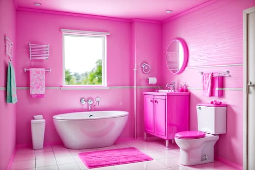 photo from pinterest of hot pink-style interior designed (toilet interior) with sink with tap and toilet with toilet seat up and toilet paper hanger and sink with tap. . with barbie style interior and barbie bold rosy hues like fuchsia and magenta and hot pink barbie walls and hot pink barbie colors and barbie glitter and sparkle and barbie chairs and barbie sofa and barbie closet. . cinematic photo, highly detailed, cinematic lighting, ultra-detailed, ultrarealistic, photorealism, 8k. trending on pinterest. hot pink interior design style. masterpiece, cinematic light, ultrarealistic+, photorealistic+, 8k, raw photo, realistic, sharp focus on eyes, (symmetrical eyes), (intact eyes), hyperrealistic, highest quality, best quality, , highly detailed, masterpiece, best quality, extremely detailed 8k wallpaper, masterpiece, best quality, ultra-detailed, best shadow, detailed background, detailed face, detailed eyes, high contrast, best illumination, detailed face, dulux, caustic, dynamic angle, detailed glow. dramatic lighting. highly detailed, insanely detailed hair, symmetrical, intricate details, professionally retouched, 8k high definition. strong bokeh. award winning photo.
