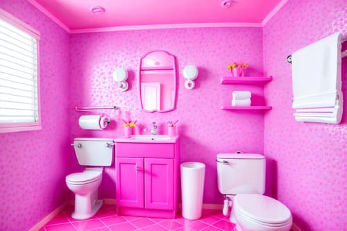 photo from pinterest of hot pink-style interior designed (toilet interior) with sink with tap and toilet with toilet seat up and toilet paper hanger and sink with tap. . with barbie style interior and barbie bold rosy hues like fuchsia and magenta and hot pink barbie walls and hot pink barbie colors and barbie glitter and sparkle and barbie chairs and barbie sofa and barbie closet. . cinematic photo, highly detailed, cinematic lighting, ultra-detailed, ultrarealistic, photorealism, 8k. trending on pinterest. hot pink interior design style. masterpiece, cinematic light, ultrarealistic+, photorealistic+, 8k, raw photo, realistic, sharp focus on eyes, (symmetrical eyes), (intact eyes), hyperrealistic, highest quality, best quality, , highly detailed, masterpiece, best quality, extremely detailed 8k wallpaper, masterpiece, best quality, ultra-detailed, best shadow, detailed background, detailed face, detailed eyes, high contrast, best illumination, detailed face, dulux, caustic, dynamic angle, detailed glow. dramatic lighting. highly detailed, insanely detailed hair, symmetrical, intricate details, professionally retouched, 8k high definition. strong bokeh. award winning photo.