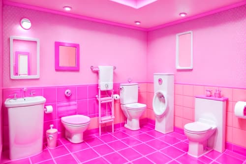 photo from pinterest of hot pink-style interior designed (toilet interior) with sink with tap and toilet with toilet seat up and toilet paper hanger and sink with tap. . with barbie style interior and barbie bold rosy hues like fuchsia and magenta and hot pink barbie walls and hot pink barbie colors and barbie glitter and sparkle and barbie chairs and barbie sofa and barbie closet. . cinematic photo, highly detailed, cinematic lighting, ultra-detailed, ultrarealistic, photorealism, 8k. trending on pinterest. hot pink interior design style. masterpiece, cinematic light, ultrarealistic+, photorealistic+, 8k, raw photo, realistic, sharp focus on eyes, (symmetrical eyes), (intact eyes), hyperrealistic, highest quality, best quality, , highly detailed, masterpiece, best quality, extremely detailed 8k wallpaper, masterpiece, best quality, ultra-detailed, best shadow, detailed background, detailed face, detailed eyes, high contrast, best illumination, detailed face, dulux, caustic, dynamic angle, detailed glow. dramatic lighting. highly detailed, insanely detailed hair, symmetrical, intricate details, professionally retouched, 8k high definition. strong bokeh. award winning photo.