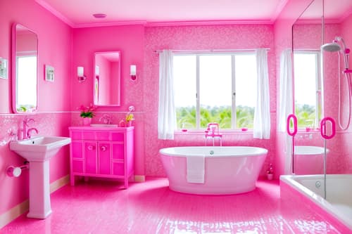 photo from pinterest of hot pink-style interior designed (hotel bathroom interior) with bathroom sink with faucet and plant and shower and bathtub and mirror and bath rail and toilet seat and waste basket. . with hot pink barbie colors and barbie chairs and barbie bold rosy hues like fuchsia and magenta and barbie sofa and barbie style interior and barbie glitter and sparkle and barbie plastic interior and hot pink barbie walls. . cinematic photo, highly detailed, cinematic lighting, ultra-detailed, ultrarealistic, photorealism, 8k. trending on pinterest. hot pink interior design style. masterpiece, cinematic light, ultrarealistic+, photorealistic+, 8k, raw photo, realistic, sharp focus on eyes, (symmetrical eyes), (intact eyes), hyperrealistic, highest quality, best quality, , highly detailed, masterpiece, best quality, extremely detailed 8k wallpaper, masterpiece, best quality, ultra-detailed, best shadow, detailed background, detailed face, detailed eyes, high contrast, best illumination, detailed face, dulux, caustic, dynamic angle, detailed glow. dramatic lighting. highly detailed, insanely detailed hair, symmetrical, intricate details, professionally retouched, 8k high definition. strong bokeh. award winning photo.