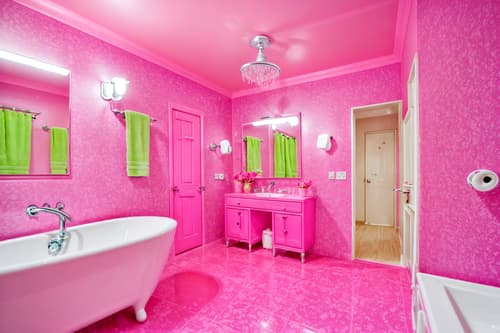 photo from pinterest of hot pink-style interior designed (hotel bathroom interior) with bathroom sink with faucet and plant and shower and bathtub and mirror and bath rail and toilet seat and waste basket. . with hot pink barbie colors and barbie chairs and barbie bold rosy hues like fuchsia and magenta and barbie sofa and barbie style interior and barbie glitter and sparkle and barbie plastic interior and hot pink barbie walls. . cinematic photo, highly detailed, cinematic lighting, ultra-detailed, ultrarealistic, photorealism, 8k. trending on pinterest. hot pink interior design style. masterpiece, cinematic light, ultrarealistic+, photorealistic+, 8k, raw photo, realistic, sharp focus on eyes, (symmetrical eyes), (intact eyes), hyperrealistic, highest quality, best quality, , highly detailed, masterpiece, best quality, extremely detailed 8k wallpaper, masterpiece, best quality, ultra-detailed, best shadow, detailed background, detailed face, detailed eyes, high contrast, best illumination, detailed face, dulux, caustic, dynamic angle, detailed glow. dramatic lighting. highly detailed, insanely detailed hair, symmetrical, intricate details, professionally retouched, 8k high definition. strong bokeh. award winning photo.