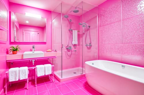 photo from pinterest of hot pink-style interior designed (hotel bathroom interior) with bathroom sink with faucet and plant and shower and bathtub and mirror and bath rail and toilet seat and waste basket. . with hot pink barbie colors and barbie chairs and barbie bold rosy hues like fuchsia and magenta and barbie sofa and barbie style interior and barbie glitter and sparkle and barbie plastic interior and hot pink barbie walls. . cinematic photo, highly detailed, cinematic lighting, ultra-detailed, ultrarealistic, photorealism, 8k. trending on pinterest. hot pink interior design style. masterpiece, cinematic light, ultrarealistic+, photorealistic+, 8k, raw photo, realistic, sharp focus on eyes, (symmetrical eyes), (intact eyes), hyperrealistic, highest quality, best quality, , highly detailed, masterpiece, best quality, extremely detailed 8k wallpaper, masterpiece, best quality, ultra-detailed, best shadow, detailed background, detailed face, detailed eyes, high contrast, best illumination, detailed face, dulux, caustic, dynamic angle, detailed glow. dramatic lighting. highly detailed, insanely detailed hair, symmetrical, intricate details, professionally retouched, 8k high definition. strong bokeh. award winning photo.