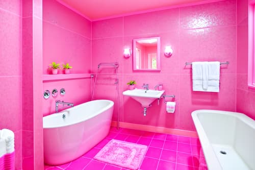 photo from pinterest of hot pink-style interior designed (hotel bathroom interior) with bathroom sink with faucet and plant and shower and bathtub and mirror and bath rail and toilet seat and waste basket. . with hot pink barbie colors and barbie chairs and barbie bold rosy hues like fuchsia and magenta and barbie sofa and barbie style interior and barbie glitter and sparkle and barbie plastic interior and hot pink barbie walls. . cinematic photo, highly detailed, cinematic lighting, ultra-detailed, ultrarealistic, photorealism, 8k. trending on pinterest. hot pink interior design style. masterpiece, cinematic light, ultrarealistic+, photorealistic+, 8k, raw photo, realistic, sharp focus on eyes, (symmetrical eyes), (intact eyes), hyperrealistic, highest quality, best quality, , highly detailed, masterpiece, best quality, extremely detailed 8k wallpaper, masterpiece, best quality, ultra-detailed, best shadow, detailed background, detailed face, detailed eyes, high contrast, best illumination, detailed face, dulux, caustic, dynamic angle, detailed glow. dramatic lighting. highly detailed, insanely detailed hair, symmetrical, intricate details, professionally retouched, 8k high definition. strong bokeh. award winning photo.