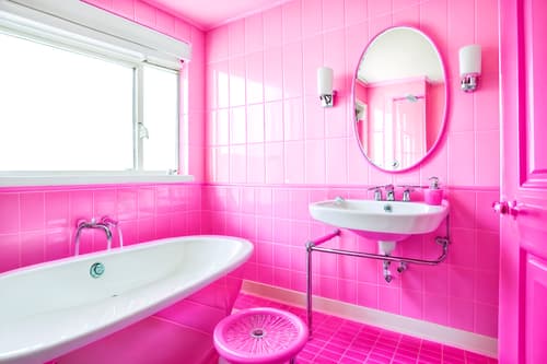 photo from pinterest of hot pink-style interior designed (hotel bathroom interior) with bathroom sink with faucet and plant and shower and bathtub and mirror and bath rail and toilet seat and waste basket. . with hot pink barbie colors and barbie chairs and barbie bold rosy hues like fuchsia and magenta and barbie sofa and barbie style interior and barbie glitter and sparkle and barbie plastic interior and hot pink barbie walls. . cinematic photo, highly detailed, cinematic lighting, ultra-detailed, ultrarealistic, photorealism, 8k. trending on pinterest. hot pink interior design style. masterpiece, cinematic light, ultrarealistic+, photorealistic+, 8k, raw photo, realistic, sharp focus on eyes, (symmetrical eyes), (intact eyes), hyperrealistic, highest quality, best quality, , highly detailed, masterpiece, best quality, extremely detailed 8k wallpaper, masterpiece, best quality, ultra-detailed, best shadow, detailed background, detailed face, detailed eyes, high contrast, best illumination, detailed face, dulux, caustic, dynamic angle, detailed glow. dramatic lighting. highly detailed, insanely detailed hair, symmetrical, intricate details, professionally retouched, 8k high definition. strong bokeh. award winning photo.