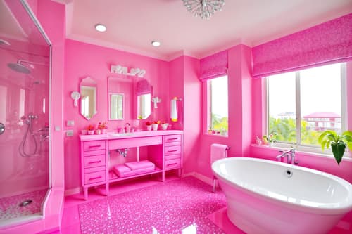 photo from pinterest of hot pink-style interior designed (hotel bathroom interior) with bathroom sink with faucet and plant and shower and bathtub and mirror and bath rail and toilet seat and waste basket. . with hot pink barbie colors and barbie chairs and barbie bold rosy hues like fuchsia and magenta and barbie sofa and barbie style interior and barbie glitter and sparkle and barbie plastic interior and hot pink barbie walls. . cinematic photo, highly detailed, cinematic lighting, ultra-detailed, ultrarealistic, photorealism, 8k. trending on pinterest. hot pink interior design style. masterpiece, cinematic light, ultrarealistic+, photorealistic+, 8k, raw photo, realistic, sharp focus on eyes, (symmetrical eyes), (intact eyes), hyperrealistic, highest quality, best quality, , highly detailed, masterpiece, best quality, extremely detailed 8k wallpaper, masterpiece, best quality, ultra-detailed, best shadow, detailed background, detailed face, detailed eyes, high contrast, best illumination, detailed face, dulux, caustic, dynamic angle, detailed glow. dramatic lighting. highly detailed, insanely detailed hair, symmetrical, intricate details, professionally retouched, 8k high definition. strong bokeh. award winning photo.