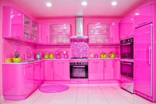 photo from pinterest of hot pink-style interior designed (kitchen interior) with kitchen cabinets and refrigerator and stove and sink and worktops and plant and kitchen cabinets. . with barbie bold rosy hues like fuchsia and magenta and hot pink barbie colors and barbie sofa and barbie plastic interior and hot pink barbie walls and barbie glitter and sparkle and barbie style interior and barbie chairs. . cinematic photo, highly detailed, cinematic lighting, ultra-detailed, ultrarealistic, photorealism, 8k. trending on pinterest. hot pink interior design style. masterpiece, cinematic light, ultrarealistic+, photorealistic+, 8k, raw photo, realistic, sharp focus on eyes, (symmetrical eyes), (intact eyes), hyperrealistic, highest quality, best quality, , highly detailed, masterpiece, best quality, extremely detailed 8k wallpaper, masterpiece, best quality, ultra-detailed, best shadow, detailed background, detailed face, detailed eyes, high contrast, best illumination, detailed face, dulux, caustic, dynamic angle, detailed glow. dramatic lighting. highly detailed, insanely detailed hair, symmetrical, intricate details, professionally retouched, 8k high definition. strong bokeh. award winning photo.