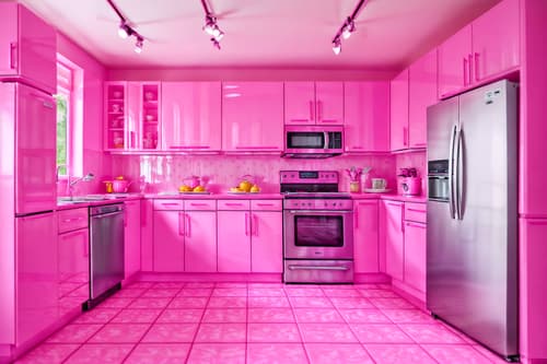 photo from pinterest of hot pink-style interior designed (kitchen interior) with kitchen cabinets and refrigerator and stove and sink and worktops and plant and kitchen cabinets. . with barbie bold rosy hues like fuchsia and magenta and hot pink barbie colors and barbie sofa and barbie plastic interior and hot pink barbie walls and barbie glitter and sparkle and barbie style interior and barbie chairs. . cinematic photo, highly detailed, cinematic lighting, ultra-detailed, ultrarealistic, photorealism, 8k. trending on pinterest. hot pink interior design style. masterpiece, cinematic light, ultrarealistic+, photorealistic+, 8k, raw photo, realistic, sharp focus on eyes, (symmetrical eyes), (intact eyes), hyperrealistic, highest quality, best quality, , highly detailed, masterpiece, best quality, extremely detailed 8k wallpaper, masterpiece, best quality, ultra-detailed, best shadow, detailed background, detailed face, detailed eyes, high contrast, best illumination, detailed face, dulux, caustic, dynamic angle, detailed glow. dramatic lighting. highly detailed, insanely detailed hair, symmetrical, intricate details, professionally retouched, 8k high definition. strong bokeh. award winning photo.
