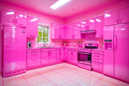 photo from pinterest of hot pink-style interior designed (kitchen interior) with kitchen cabinets and refrigerator and stove and sink and worktops and plant and kitchen cabinets. . with barbie bold rosy hues like fuchsia and magenta and hot pink barbie colors and barbie sofa and barbie plastic interior and hot pink barbie walls and barbie glitter and sparkle and barbie style interior and barbie chairs. . cinematic photo, highly detailed, cinematic lighting, ultra-detailed, ultrarealistic, photorealism, 8k. trending on pinterest. hot pink interior design style. masterpiece, cinematic light, ultrarealistic+, photorealistic+, 8k, raw photo, realistic, sharp focus on eyes, (symmetrical eyes), (intact eyes), hyperrealistic, highest quality, best quality, , highly detailed, masterpiece, best quality, extremely detailed 8k wallpaper, masterpiece, best quality, ultra-detailed, best shadow, detailed background, detailed face, detailed eyes, high contrast, best illumination, detailed face, dulux, caustic, dynamic angle, detailed glow. dramatic lighting. highly detailed, insanely detailed hair, symmetrical, intricate details, professionally retouched, 8k high definition. strong bokeh. award winning photo.