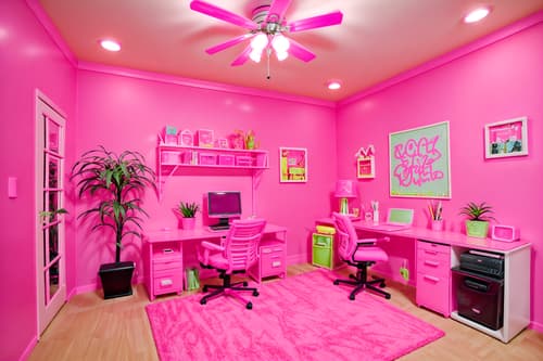 photo from pinterest of hot pink-style interior designed (home office interior) with office chair and computer desk and plant and desk lamp and cabinets and office chair. . with barbie style interior and barbie glitter and sparkle and hot pink barbie colors and barbie plastic interior and barbie bold rosy hues like fuchsia and magenta and barbie closet and hot pink barbie walls and barbie chairs. . cinematic photo, highly detailed, cinematic lighting, ultra-detailed, ultrarealistic, photorealism, 8k. trending on pinterest. hot pink interior design style. masterpiece, cinematic light, ultrarealistic+, photorealistic+, 8k, raw photo, realistic, sharp focus on eyes, (symmetrical eyes), (intact eyes), hyperrealistic, highest quality, best quality, , highly detailed, masterpiece, best quality, extremely detailed 8k wallpaper, masterpiece, best quality, ultra-detailed, best shadow, detailed background, detailed face, detailed eyes, high contrast, best illumination, detailed face, dulux, caustic, dynamic angle, detailed glow. dramatic lighting. highly detailed, insanely detailed hair, symmetrical, intricate details, professionally retouched, 8k high definition. strong bokeh. award winning photo.