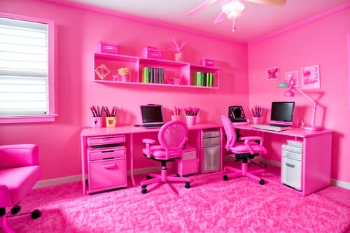 photo from pinterest of hot pink-style interior designed (home office interior) with office chair and computer desk and plant and desk lamp and cabinets and office chair. . with barbie style interior and barbie glitter and sparkle and hot pink barbie colors and barbie plastic interior and barbie bold rosy hues like fuchsia and magenta and barbie closet and hot pink barbie walls and barbie chairs. . cinematic photo, highly detailed, cinematic lighting, ultra-detailed, ultrarealistic, photorealism, 8k. trending on pinterest. hot pink interior design style. masterpiece, cinematic light, ultrarealistic+, photorealistic+, 8k, raw photo, realistic, sharp focus on eyes, (symmetrical eyes), (intact eyes), hyperrealistic, highest quality, best quality, , highly detailed, masterpiece, best quality, extremely detailed 8k wallpaper, masterpiece, best quality, ultra-detailed, best shadow, detailed background, detailed face, detailed eyes, high contrast, best illumination, detailed face, dulux, caustic, dynamic angle, detailed glow. dramatic lighting. highly detailed, insanely detailed hair, symmetrical, intricate details, professionally retouched, 8k high definition. strong bokeh. award winning photo.
