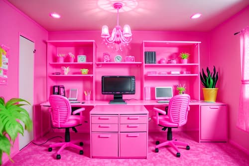 photo from pinterest of hot pink-style interior designed (home office interior) with office chair and computer desk and plant and desk lamp and cabinets and office chair. . with barbie style interior and barbie glitter and sparkle and hot pink barbie colors and barbie plastic interior and barbie bold rosy hues like fuchsia and magenta and barbie closet and hot pink barbie walls and barbie chairs. . cinematic photo, highly detailed, cinematic lighting, ultra-detailed, ultrarealistic, photorealism, 8k. trending on pinterest. hot pink interior design style. masterpiece, cinematic light, ultrarealistic+, photorealistic+, 8k, raw photo, realistic, sharp focus on eyes, (symmetrical eyes), (intact eyes), hyperrealistic, highest quality, best quality, , highly detailed, masterpiece, best quality, extremely detailed 8k wallpaper, masterpiece, best quality, ultra-detailed, best shadow, detailed background, detailed face, detailed eyes, high contrast, best illumination, detailed face, dulux, caustic, dynamic angle, detailed glow. dramatic lighting. highly detailed, insanely detailed hair, symmetrical, intricate details, professionally retouched, 8k high definition. strong bokeh. award winning photo.