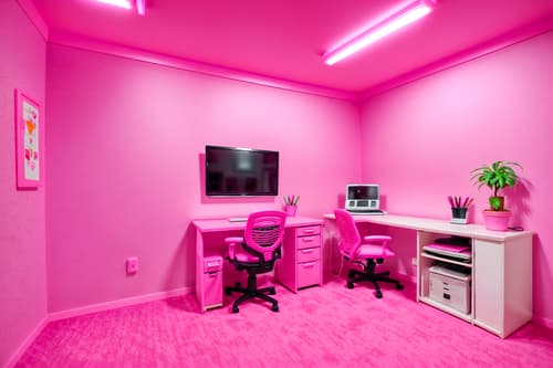 photo from pinterest of hot pink-style interior designed (home office interior) with office chair and computer desk and plant and desk lamp and cabinets and office chair. . with barbie style interior and barbie glitter and sparkle and hot pink barbie colors and barbie plastic interior and barbie bold rosy hues like fuchsia and magenta and barbie closet and hot pink barbie walls and barbie chairs. . cinematic photo, highly detailed, cinematic lighting, ultra-detailed, ultrarealistic, photorealism, 8k. trending on pinterest. hot pink interior design style. masterpiece, cinematic light, ultrarealistic+, photorealistic+, 8k, raw photo, realistic, sharp focus on eyes, (symmetrical eyes), (intact eyes), hyperrealistic, highest quality, best quality, , highly detailed, masterpiece, best quality, extremely detailed 8k wallpaper, masterpiece, best quality, ultra-detailed, best shadow, detailed background, detailed face, detailed eyes, high contrast, best illumination, detailed face, dulux, caustic, dynamic angle, detailed glow. dramatic lighting. highly detailed, insanely detailed hair, symmetrical, intricate details, professionally retouched, 8k high definition. strong bokeh. award winning photo.