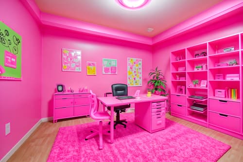photo from pinterest of hot pink-style interior designed (home office interior) with office chair and computer desk and plant and desk lamp and cabinets and office chair. . with barbie style interior and barbie glitter and sparkle and hot pink barbie colors and barbie plastic interior and barbie bold rosy hues like fuchsia and magenta and barbie closet and hot pink barbie walls and barbie chairs. . cinematic photo, highly detailed, cinematic lighting, ultra-detailed, ultrarealistic, photorealism, 8k. trending on pinterest. hot pink interior design style. masterpiece, cinematic light, ultrarealistic+, photorealistic+, 8k, raw photo, realistic, sharp focus on eyes, (symmetrical eyes), (intact eyes), hyperrealistic, highest quality, best quality, , highly detailed, masterpiece, best quality, extremely detailed 8k wallpaper, masterpiece, best quality, ultra-detailed, best shadow, detailed background, detailed face, detailed eyes, high contrast, best illumination, detailed face, dulux, caustic, dynamic angle, detailed glow. dramatic lighting. highly detailed, insanely detailed hair, symmetrical, intricate details, professionally retouched, 8k high definition. strong bokeh. award winning photo.