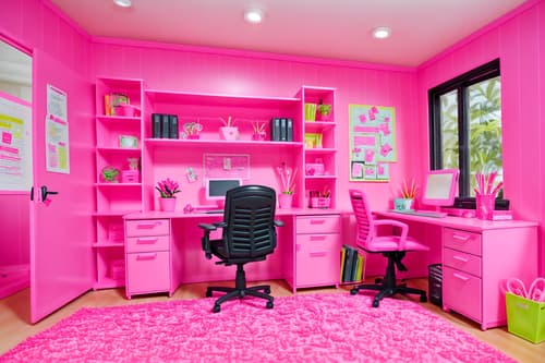 photo from pinterest of hot pink-style interior designed (home office interior) with office chair and computer desk and plant and desk lamp and cabinets and office chair. . with barbie style interior and barbie glitter and sparkle and hot pink barbie colors and barbie plastic interior and barbie bold rosy hues like fuchsia and magenta and barbie closet and hot pink barbie walls and barbie chairs. . cinematic photo, highly detailed, cinematic lighting, ultra-detailed, ultrarealistic, photorealism, 8k. trending on pinterest. hot pink interior design style. masterpiece, cinematic light, ultrarealistic+, photorealistic+, 8k, raw photo, realistic, sharp focus on eyes, (symmetrical eyes), (intact eyes), hyperrealistic, highest quality, best quality, , highly detailed, masterpiece, best quality, extremely detailed 8k wallpaper, masterpiece, best quality, ultra-detailed, best shadow, detailed background, detailed face, detailed eyes, high contrast, best illumination, detailed face, dulux, caustic, dynamic angle, detailed glow. dramatic lighting. highly detailed, insanely detailed hair, symmetrical, intricate details, professionally retouched, 8k high definition. strong bokeh. award winning photo.
