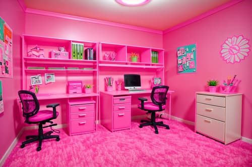 photo from pinterest of hot pink-style interior designed (home office interior) with office chair and computer desk and plant and desk lamp and cabinets and office chair. . with barbie style interior and barbie glitter and sparkle and hot pink barbie colors and barbie plastic interior and barbie bold rosy hues like fuchsia and magenta and barbie closet and hot pink barbie walls and barbie chairs. . cinematic photo, highly detailed, cinematic lighting, ultra-detailed, ultrarealistic, photorealism, 8k. trending on pinterest. hot pink interior design style. masterpiece, cinematic light, ultrarealistic+, photorealistic+, 8k, raw photo, realistic, sharp focus on eyes, (symmetrical eyes), (intact eyes), hyperrealistic, highest quality, best quality, , highly detailed, masterpiece, best quality, extremely detailed 8k wallpaper, masterpiece, best quality, ultra-detailed, best shadow, detailed background, detailed face, detailed eyes, high contrast, best illumination, detailed face, dulux, caustic, dynamic angle, detailed glow. dramatic lighting. highly detailed, insanely detailed hair, symmetrical, intricate details, professionally retouched, 8k high definition. strong bokeh. award winning photo.