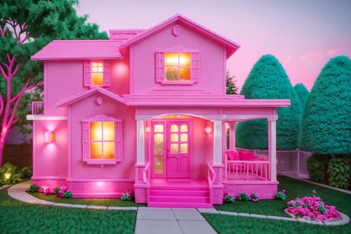 photo from pinterest of hot pink-style exterior designed (house exterior exterior) . with barbie closet and barbie glitter and sparkle and barbie plastic exterior and barbie bold rosy hues like fuchsia and magenta and hot pink barbie colors and barbie sofa and barbie chairs and hot pink barbie walls. . cinematic photo, highly detailed, cinematic lighting, ultra-detailed, ultrarealistic, photorealism, 8k. trending on pinterest. hot pink exterior design style. masterpiece, cinematic light, ultrarealistic+, photorealistic+, 8k, raw photo, realistic, sharp focus on eyes, (symmetrical eyes), (intact eyes), hyperrealistic, highest quality, best quality, , highly detailed, masterpiece, best quality, extremely detailed 8k wallpaper, masterpiece, best quality, ultra-detailed, best shadow, detailed background, detailed face, detailed eyes, high contrast, best illumination, detailed face, dulux, caustic, dynamic angle, detailed glow. dramatic lighting. highly detailed, insanely detailed hair, symmetrical, intricate details, professionally retouched, 8k high definition. strong bokeh. award winning photo.