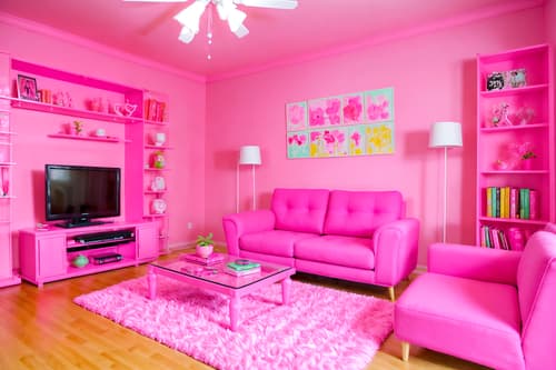 photo from pinterest of hot pink-style interior designed (living room interior) with occasional tables and televisions and bookshelves and plant and sofa and electric lamps and coffee tables and furniture. . with barbie sofa and barbie chairs and barbie bold rosy hues like fuchsia and magenta and barbie style interior and barbie closet and hot pink barbie colors and hot pink barbie walls and barbie plastic interior. . cinematic photo, highly detailed, cinematic lighting, ultra-detailed, ultrarealistic, photorealism, 8k. trending on pinterest. hot pink interior design style. masterpiece, cinematic light, ultrarealistic+, photorealistic+, 8k, raw photo, realistic, sharp focus on eyes, (symmetrical eyes), (intact eyes), hyperrealistic, highest quality, best quality, , highly detailed, masterpiece, best quality, extremely detailed 8k wallpaper, masterpiece, best quality, ultra-detailed, best shadow, detailed background, detailed face, detailed eyes, high contrast, best illumination, detailed face, dulux, caustic, dynamic angle, detailed glow. dramatic lighting. highly detailed, insanely detailed hair, symmetrical, intricate details, professionally retouched, 8k high definition. strong bokeh. award winning photo.