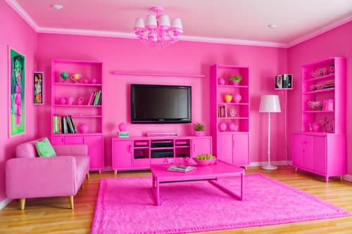 photo from pinterest of hot pink-style interior designed (living room interior) with occasional tables and televisions and bookshelves and plant and sofa and electric lamps and coffee tables and furniture. . with barbie sofa and barbie chairs and barbie bold rosy hues like fuchsia and magenta and barbie style interior and barbie closet and hot pink barbie colors and hot pink barbie walls and barbie plastic interior. . cinematic photo, highly detailed, cinematic lighting, ultra-detailed, ultrarealistic, photorealism, 8k. trending on pinterest. hot pink interior design style. masterpiece, cinematic light, ultrarealistic+, photorealistic+, 8k, raw photo, realistic, sharp focus on eyes, (symmetrical eyes), (intact eyes), hyperrealistic, highest quality, best quality, , highly detailed, masterpiece, best quality, extremely detailed 8k wallpaper, masterpiece, best quality, ultra-detailed, best shadow, detailed background, detailed face, detailed eyes, high contrast, best illumination, detailed face, dulux, caustic, dynamic angle, detailed glow. dramatic lighting. highly detailed, insanely detailed hair, symmetrical, intricate details, professionally retouched, 8k high definition. strong bokeh. award winning photo.