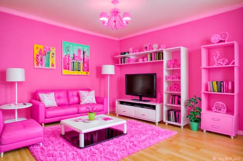 photo from pinterest of hot pink-style interior designed (living room interior) with occasional tables and televisions and bookshelves and plant and sofa and electric lamps and coffee tables and furniture. . with barbie sofa and barbie chairs and barbie bold rosy hues like fuchsia and magenta and barbie style interior and barbie closet and hot pink barbie colors and hot pink barbie walls and barbie plastic interior. . cinematic photo, highly detailed, cinematic lighting, ultra-detailed, ultrarealistic, photorealism, 8k. trending on pinterest. hot pink interior design style. masterpiece, cinematic light, ultrarealistic+, photorealistic+, 8k, raw photo, realistic, sharp focus on eyes, (symmetrical eyes), (intact eyes), hyperrealistic, highest quality, best quality, , highly detailed, masterpiece, best quality, extremely detailed 8k wallpaper, masterpiece, best quality, ultra-detailed, best shadow, detailed background, detailed face, detailed eyes, high contrast, best illumination, detailed face, dulux, caustic, dynamic angle, detailed glow. dramatic lighting. highly detailed, insanely detailed hair, symmetrical, intricate details, professionally retouched, 8k high definition. strong bokeh. award winning photo.