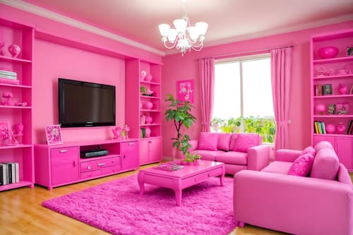 photo from pinterest of hot pink-style interior designed (living room interior) with occasional tables and televisions and bookshelves and plant and sofa and electric lamps and coffee tables and furniture. . with barbie sofa and barbie chairs and barbie bold rosy hues like fuchsia and magenta and barbie style interior and barbie closet and hot pink barbie colors and hot pink barbie walls and barbie plastic interior. . cinematic photo, highly detailed, cinematic lighting, ultra-detailed, ultrarealistic, photorealism, 8k. trending on pinterest. hot pink interior design style. masterpiece, cinematic light, ultrarealistic+, photorealistic+, 8k, raw photo, realistic, sharp focus on eyes, (symmetrical eyes), (intact eyes), hyperrealistic, highest quality, best quality, , highly detailed, masterpiece, best quality, extremely detailed 8k wallpaper, masterpiece, best quality, ultra-detailed, best shadow, detailed background, detailed face, detailed eyes, high contrast, best illumination, detailed face, dulux, caustic, dynamic angle, detailed glow. dramatic lighting. highly detailed, insanely detailed hair, symmetrical, intricate details, professionally retouched, 8k high definition. strong bokeh. award winning photo.