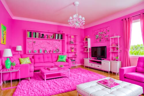 photo from pinterest of hot pink-style interior designed (living room interior) with occasional tables and televisions and bookshelves and plant and sofa and electric lamps and coffee tables and furniture. . with barbie sofa and barbie chairs and barbie bold rosy hues like fuchsia and magenta and barbie style interior and barbie closet and hot pink barbie colors and hot pink barbie walls and barbie plastic interior. . cinematic photo, highly detailed, cinematic lighting, ultra-detailed, ultrarealistic, photorealism, 8k. trending on pinterest. hot pink interior design style. masterpiece, cinematic light, ultrarealistic+, photorealistic+, 8k, raw photo, realistic, sharp focus on eyes, (symmetrical eyes), (intact eyes), hyperrealistic, highest quality, best quality, , highly detailed, masterpiece, best quality, extremely detailed 8k wallpaper, masterpiece, best quality, ultra-detailed, best shadow, detailed background, detailed face, detailed eyes, high contrast, best illumination, detailed face, dulux, caustic, dynamic angle, detailed glow. dramatic lighting. highly detailed, insanely detailed hair, symmetrical, intricate details, professionally retouched, 8k high definition. strong bokeh. award winning photo.