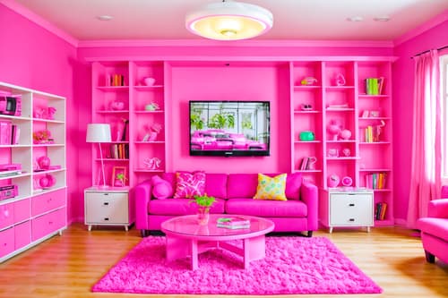 photo from pinterest of hot pink-style interior designed (living room interior) with occasional tables and televisions and bookshelves and plant and sofa and electric lamps and coffee tables and furniture. . with barbie sofa and barbie chairs and barbie bold rosy hues like fuchsia and magenta and barbie style interior and barbie closet and hot pink barbie colors and hot pink barbie walls and barbie plastic interior. . cinematic photo, highly detailed, cinematic lighting, ultra-detailed, ultrarealistic, photorealism, 8k. trending on pinterest. hot pink interior design style. masterpiece, cinematic light, ultrarealistic+, photorealistic+, 8k, raw photo, realistic, sharp focus on eyes, (symmetrical eyes), (intact eyes), hyperrealistic, highest quality, best quality, , highly detailed, masterpiece, best quality, extremely detailed 8k wallpaper, masterpiece, best quality, ultra-detailed, best shadow, detailed background, detailed face, detailed eyes, high contrast, best illumination, detailed face, dulux, caustic, dynamic angle, detailed glow. dramatic lighting. highly detailed, insanely detailed hair, symmetrical, intricate details, professionally retouched, 8k high definition. strong bokeh. award winning photo.