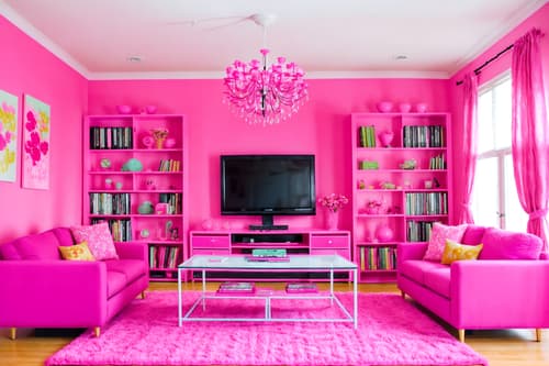 photo from pinterest of hot pink-style interior designed (living room interior) with occasional tables and televisions and bookshelves and plant and sofa and electric lamps and coffee tables and furniture. . with barbie sofa and barbie chairs and barbie bold rosy hues like fuchsia and magenta and barbie style interior and barbie closet and hot pink barbie colors and hot pink barbie walls and barbie plastic interior. . cinematic photo, highly detailed, cinematic lighting, ultra-detailed, ultrarealistic, photorealism, 8k. trending on pinterest. hot pink interior design style. masterpiece, cinematic light, ultrarealistic+, photorealistic+, 8k, raw photo, realistic, sharp focus on eyes, (symmetrical eyes), (intact eyes), hyperrealistic, highest quality, best quality, , highly detailed, masterpiece, best quality, extremely detailed 8k wallpaper, masterpiece, best quality, ultra-detailed, best shadow, detailed background, detailed face, detailed eyes, high contrast, best illumination, detailed face, dulux, caustic, dynamic angle, detailed glow. dramatic lighting. highly detailed, insanely detailed hair, symmetrical, intricate details, professionally retouched, 8k high definition. strong bokeh. award winning photo.