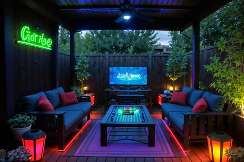 photo from pinterest of gaming room-style designed (outdoor patio ) with barbeque or grill and grass and plant and deck with deck chairs and patio couch with pillows and barbeque or grill. . with dark room and neon letters on wall and neon lights and speakers and multiple displays and purple, red and blue fade light and computer desk with computer displays and keyboard and dark walls. . cinematic photo, highly detailed, cinematic lighting, ultra-detailed, ultrarealistic, photorealism, 8k. trending on pinterest. gaming room design style. masterpiece, cinematic light, ultrarealistic+, photorealistic+, 8k, raw photo, realistic, sharp focus on eyes, (symmetrical eyes), (intact eyes), hyperrealistic, highest quality, best quality, , highly detailed, masterpiece, best quality, extremely detailed 8k wallpaper, masterpiece, best quality, ultra-detailed, best shadow, detailed background, detailed face, detailed eyes, high contrast, best illumination, detailed face, dulux, caustic, dynamic angle, detailed glow. dramatic lighting. highly detailed, insanely detailed hair, symmetrical, intricate details, professionally retouched, 8k high definition. strong bokeh. award winning photo.