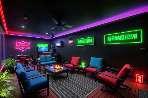photo from pinterest of gaming room-style designed (outdoor patio ) with barbeque or grill and grass and plant and deck with deck chairs and patio couch with pillows and barbeque or grill. . with dark room and neon letters on wall and neon lights and speakers and multiple displays and purple, red and blue fade light and computer desk with computer displays and keyboard and dark walls. . cinematic photo, highly detailed, cinematic lighting, ultra-detailed, ultrarealistic, photorealism, 8k. trending on pinterest. gaming room design style. masterpiece, cinematic light, ultrarealistic+, photorealistic+, 8k, raw photo, realistic, sharp focus on eyes, (symmetrical eyes), (intact eyes), hyperrealistic, highest quality, best quality, , highly detailed, masterpiece, best quality, extremely detailed 8k wallpaper, masterpiece, best quality, ultra-detailed, best shadow, detailed background, detailed face, detailed eyes, high contrast, best illumination, detailed face, dulux, caustic, dynamic angle, detailed glow. dramatic lighting. highly detailed, insanely detailed hair, symmetrical, intricate details, professionally retouched, 8k high definition. strong bokeh. award winning photo.