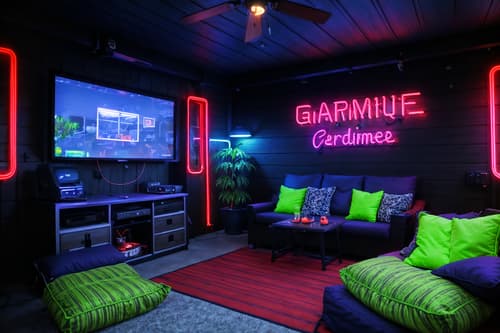 photo from pinterest of gaming room-style designed (outdoor patio ) with barbeque or grill and grass and plant and deck with deck chairs and patio couch with pillows and barbeque or grill. . with dark room and neon letters on wall and neon lights and speakers and multiple displays and purple, red and blue fade light and computer desk with computer displays and keyboard and dark walls. . cinematic photo, highly detailed, cinematic lighting, ultra-detailed, ultrarealistic, photorealism, 8k. trending on pinterest. gaming room design style. masterpiece, cinematic light, ultrarealistic+, photorealistic+, 8k, raw photo, realistic, sharp focus on eyes, (symmetrical eyes), (intact eyes), hyperrealistic, highest quality, best quality, , highly detailed, masterpiece, best quality, extremely detailed 8k wallpaper, masterpiece, best quality, ultra-detailed, best shadow, detailed background, detailed face, detailed eyes, high contrast, best illumination, detailed face, dulux, caustic, dynamic angle, detailed glow. dramatic lighting. highly detailed, insanely detailed hair, symmetrical, intricate details, professionally retouched, 8k high definition. strong bokeh. award winning photo.