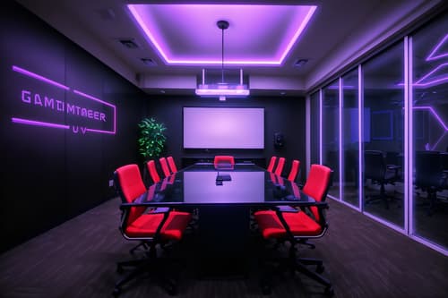 photo from pinterest of gaming room-style interior designed (meeting room interior) with painting or photo on wall and glass walls and glass doors and cabinets and plant and boardroom table and office chairs and vase. . with at night and dark room and multiple displays and neon lights and speakers and purple and red lights and neon letters on wall and computer desk with computer displays and keyboard. . cinematic photo, highly detailed, cinematic lighting, ultra-detailed, ultrarealistic, photorealism, 8k. trending on pinterest. gaming room interior design style. masterpiece, cinematic light, ultrarealistic+, photorealistic+, 8k, raw photo, realistic, sharp focus on eyes, (symmetrical eyes), (intact eyes), hyperrealistic, highest quality, best quality, , highly detailed, masterpiece, best quality, extremely detailed 8k wallpaper, masterpiece, best quality, ultra-detailed, best shadow, detailed background, detailed face, detailed eyes, high contrast, best illumination, detailed face, dulux, caustic, dynamic angle, detailed glow. dramatic lighting. highly detailed, insanely detailed hair, symmetrical, intricate details, professionally retouched, 8k high definition. strong bokeh. award winning photo.
