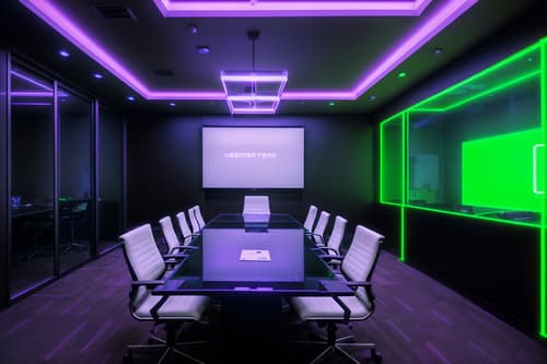 photo from pinterest of gaming room-style interior designed (meeting room interior) with painting or photo on wall and glass walls and glass doors and cabinets and plant and boardroom table and office chairs and vase. . with at night and dark room and multiple displays and neon lights and speakers and purple and red lights and neon letters on wall and computer desk with computer displays and keyboard. . cinematic photo, highly detailed, cinematic lighting, ultra-detailed, ultrarealistic, photorealism, 8k. trending on pinterest. gaming room interior design style. masterpiece, cinematic light, ultrarealistic+, photorealistic+, 8k, raw photo, realistic, sharp focus on eyes, (symmetrical eyes), (intact eyes), hyperrealistic, highest quality, best quality, , highly detailed, masterpiece, best quality, extremely detailed 8k wallpaper, masterpiece, best quality, ultra-detailed, best shadow, detailed background, detailed face, detailed eyes, high contrast, best illumination, detailed face, dulux, caustic, dynamic angle, detailed glow. dramatic lighting. highly detailed, insanely detailed hair, symmetrical, intricate details, professionally retouched, 8k high definition. strong bokeh. award winning photo.