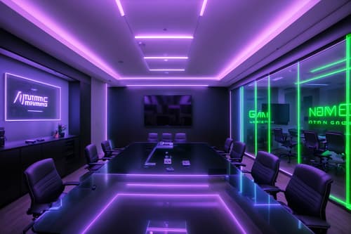 photo from pinterest of gaming room-style interior designed (meeting room interior) with painting or photo on wall and glass walls and glass doors and cabinets and plant and boardroom table and office chairs and vase. . with at night and dark room and multiple displays and neon lights and speakers and purple and red lights and neon letters on wall and computer desk with computer displays and keyboard. . cinematic photo, highly detailed, cinematic lighting, ultra-detailed, ultrarealistic, photorealism, 8k. trending on pinterest. gaming room interior design style. masterpiece, cinematic light, ultrarealistic+, photorealistic+, 8k, raw photo, realistic, sharp focus on eyes, (symmetrical eyes), (intact eyes), hyperrealistic, highest quality, best quality, , highly detailed, masterpiece, best quality, extremely detailed 8k wallpaper, masterpiece, best quality, ultra-detailed, best shadow, detailed background, detailed face, detailed eyes, high contrast, best illumination, detailed face, dulux, caustic, dynamic angle, detailed glow. dramatic lighting. highly detailed, insanely detailed hair, symmetrical, intricate details, professionally retouched, 8k high definition. strong bokeh. award winning photo.