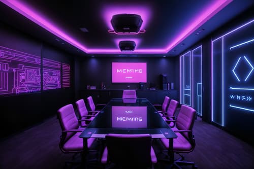 photo from pinterest of gaming room-style interior designed (meeting room interior) with painting or photo on wall and glass walls and glass doors and cabinets and plant and boardroom table and office chairs and vase. . with at night and dark room and multiple displays and neon lights and speakers and purple and red lights and neon letters on wall and computer desk with computer displays and keyboard. . cinematic photo, highly detailed, cinematic lighting, ultra-detailed, ultrarealistic, photorealism, 8k. trending on pinterest. gaming room interior design style. masterpiece, cinematic light, ultrarealistic+, photorealistic+, 8k, raw photo, realistic, sharp focus on eyes, (symmetrical eyes), (intact eyes), hyperrealistic, highest quality, best quality, , highly detailed, masterpiece, best quality, extremely detailed 8k wallpaper, masterpiece, best quality, ultra-detailed, best shadow, detailed background, detailed face, detailed eyes, high contrast, best illumination, detailed face, dulux, caustic, dynamic angle, detailed glow. dramatic lighting. highly detailed, insanely detailed hair, symmetrical, intricate details, professionally retouched, 8k high definition. strong bokeh. award winning photo.