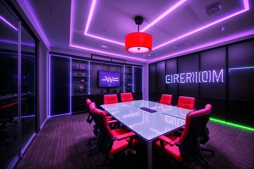 photo from pinterest of gaming room-style interior designed (meeting room interior) with painting or photo on wall and glass walls and glass doors and cabinets and plant and boardroom table and office chairs and vase. . with at night and dark room and multiple displays and neon lights and speakers and purple and red lights and neon letters on wall and computer desk with computer displays and keyboard. . cinematic photo, highly detailed, cinematic lighting, ultra-detailed, ultrarealistic, photorealism, 8k. trending on pinterest. gaming room interior design style. masterpiece, cinematic light, ultrarealistic+, photorealistic+, 8k, raw photo, realistic, sharp focus on eyes, (symmetrical eyes), (intact eyes), hyperrealistic, highest quality, best quality, , highly detailed, masterpiece, best quality, extremely detailed 8k wallpaper, masterpiece, best quality, ultra-detailed, best shadow, detailed background, detailed face, detailed eyes, high contrast, best illumination, detailed face, dulux, caustic, dynamic angle, detailed glow. dramatic lighting. highly detailed, insanely detailed hair, symmetrical, intricate details, professionally retouched, 8k high definition. strong bokeh. award winning photo.
