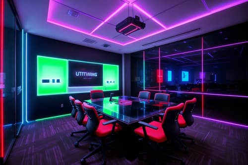 photo from pinterest of gaming room-style interior designed (meeting room interior) with painting or photo on wall and glass walls and glass doors and cabinets and plant and boardroom table and office chairs and vase. . with at night and dark room and multiple displays and neon lights and speakers and purple and red lights and neon letters on wall and computer desk with computer displays and keyboard. . cinematic photo, highly detailed, cinematic lighting, ultra-detailed, ultrarealistic, photorealism, 8k. trending on pinterest. gaming room interior design style. masterpiece, cinematic light, ultrarealistic+, photorealistic+, 8k, raw photo, realistic, sharp focus on eyes, (symmetrical eyes), (intact eyes), hyperrealistic, highest quality, best quality, , highly detailed, masterpiece, best quality, extremely detailed 8k wallpaper, masterpiece, best quality, ultra-detailed, best shadow, detailed background, detailed face, detailed eyes, high contrast, best illumination, detailed face, dulux, caustic, dynamic angle, detailed glow. dramatic lighting. highly detailed, insanely detailed hair, symmetrical, intricate details, professionally retouched, 8k high definition. strong bokeh. award winning photo.