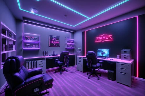 photo from pinterest of gaming room-style interior designed (home office interior) with cabinets and computer desk and plant and desk lamp and office chair and cabinets. . with gaming chair and purple, red and blue fade light and at night and speakers and dark walls and computer desk with computer displays and keyboard and neon letters on wall and neon lights. . cinematic photo, highly detailed, cinematic lighting, ultra-detailed, ultrarealistic, photorealism, 8k. trending on pinterest. gaming room interior design style. masterpiece, cinematic light, ultrarealistic+, photorealistic+, 8k, raw photo, realistic, sharp focus on eyes, (symmetrical eyes), (intact eyes), hyperrealistic, highest quality, best quality, , highly detailed, masterpiece, best quality, extremely detailed 8k wallpaper, masterpiece, best quality, ultra-detailed, best shadow, detailed background, detailed face, detailed eyes, high contrast, best illumination, detailed face, dulux, caustic, dynamic angle, detailed glow. dramatic lighting. highly detailed, insanely detailed hair, symmetrical, intricate details, professionally retouched, 8k high definition. strong bokeh. award winning photo.