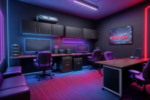 photo from pinterest of gaming room-style interior designed (home office interior) with cabinets and computer desk and plant and desk lamp and office chair and cabinets. . with gaming chair and purple, red and blue fade light and at night and speakers and dark walls and computer desk with computer displays and keyboard and neon letters on wall and neon lights. . cinematic photo, highly detailed, cinematic lighting, ultra-detailed, ultrarealistic, photorealism, 8k. trending on pinterest. gaming room interior design style. masterpiece, cinematic light, ultrarealistic+, photorealistic+, 8k, raw photo, realistic, sharp focus on eyes, (symmetrical eyes), (intact eyes), hyperrealistic, highest quality, best quality, , highly detailed, masterpiece, best quality, extremely detailed 8k wallpaper, masterpiece, best quality, ultra-detailed, best shadow, detailed background, detailed face, detailed eyes, high contrast, best illumination, detailed face, dulux, caustic, dynamic angle, detailed glow. dramatic lighting. highly detailed, insanely detailed hair, symmetrical, intricate details, professionally retouched, 8k high definition. strong bokeh. award winning photo.