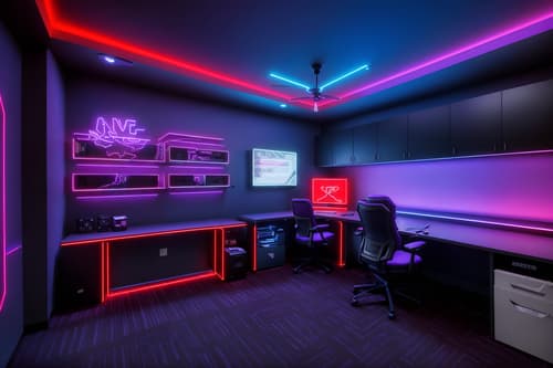 photo from pinterest of gaming room-style interior designed (home office interior) with cabinets and computer desk and plant and desk lamp and office chair and cabinets. . with gaming chair and purple, red and blue fade light and at night and speakers and dark walls and computer desk with computer displays and keyboard and neon letters on wall and neon lights. . cinematic photo, highly detailed, cinematic lighting, ultra-detailed, ultrarealistic, photorealism, 8k. trending on pinterest. gaming room interior design style. masterpiece, cinematic light, ultrarealistic+, photorealistic+, 8k, raw photo, realistic, sharp focus on eyes, (symmetrical eyes), (intact eyes), hyperrealistic, highest quality, best quality, , highly detailed, masterpiece, best quality, extremely detailed 8k wallpaper, masterpiece, best quality, ultra-detailed, best shadow, detailed background, detailed face, detailed eyes, high contrast, best illumination, detailed face, dulux, caustic, dynamic angle, detailed glow. dramatic lighting. highly detailed, insanely detailed hair, symmetrical, intricate details, professionally retouched, 8k high definition. strong bokeh. award winning photo.
