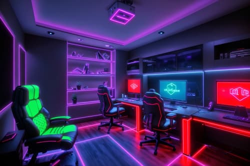 photo from pinterest of gaming room-style interior designed (home office interior) with cabinets and computer desk and plant and desk lamp and office chair and cabinets. . with gaming chair and purple, red and blue fade light and at night and speakers and dark walls and computer desk with computer displays and keyboard and neon letters on wall and neon lights. . cinematic photo, highly detailed, cinematic lighting, ultra-detailed, ultrarealistic, photorealism, 8k. trending on pinterest. gaming room interior design style. masterpiece, cinematic light, ultrarealistic+, photorealistic+, 8k, raw photo, realistic, sharp focus on eyes, (symmetrical eyes), (intact eyes), hyperrealistic, highest quality, best quality, , highly detailed, masterpiece, best quality, extremely detailed 8k wallpaper, masterpiece, best quality, ultra-detailed, best shadow, detailed background, detailed face, detailed eyes, high contrast, best illumination, detailed face, dulux, caustic, dynamic angle, detailed glow. dramatic lighting. highly detailed, insanely detailed hair, symmetrical, intricate details, professionally retouched, 8k high definition. strong bokeh. award winning photo.