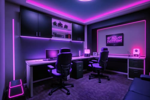photo from pinterest of gaming room-style interior designed (home office interior) with cabinets and computer desk and plant and desk lamp and office chair and cabinets. . with gaming chair and purple, red and blue fade light and at night and speakers and dark walls and computer desk with computer displays and keyboard and neon letters on wall and neon lights. . cinematic photo, highly detailed, cinematic lighting, ultra-detailed, ultrarealistic, photorealism, 8k. trending on pinterest. gaming room interior design style. masterpiece, cinematic light, ultrarealistic+, photorealistic+, 8k, raw photo, realistic, sharp focus on eyes, (symmetrical eyes), (intact eyes), hyperrealistic, highest quality, best quality, , highly detailed, masterpiece, best quality, extremely detailed 8k wallpaper, masterpiece, best quality, ultra-detailed, best shadow, detailed background, detailed face, detailed eyes, high contrast, best illumination, detailed face, dulux, caustic, dynamic angle, detailed glow. dramatic lighting. highly detailed, insanely detailed hair, symmetrical, intricate details, professionally retouched, 8k high definition. strong bokeh. award winning photo.