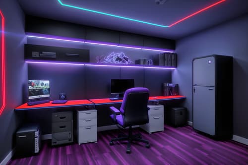 photo from pinterest of gaming room-style interior designed (home office interior) with cabinets and computer desk and plant and desk lamp and office chair and cabinets. . with gaming chair and purple, red and blue fade light and at night and speakers and dark walls and computer desk with computer displays and keyboard and neon letters on wall and neon lights. . cinematic photo, highly detailed, cinematic lighting, ultra-detailed, ultrarealistic, photorealism, 8k. trending on pinterest. gaming room interior design style. masterpiece, cinematic light, ultrarealistic+, photorealistic+, 8k, raw photo, realistic, sharp focus on eyes, (symmetrical eyes), (intact eyes), hyperrealistic, highest quality, best quality, , highly detailed, masterpiece, best quality, extremely detailed 8k wallpaper, masterpiece, best quality, ultra-detailed, best shadow, detailed background, detailed face, detailed eyes, high contrast, best illumination, detailed face, dulux, caustic, dynamic angle, detailed glow. dramatic lighting. highly detailed, insanely detailed hair, symmetrical, intricate details, professionally retouched, 8k high definition. strong bokeh. award winning photo.