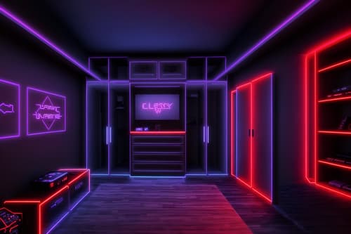 photo from pinterest of gaming room-style interior designed (walk in closet interior) . with neon letters on wall and at night and purple and red lights and speakers and purple, red and blue fade light and multiple displays and dark walls and dark room. . cinematic photo, highly detailed, cinematic lighting, ultra-detailed, ultrarealistic, photorealism, 8k. trending on pinterest. gaming room interior design style. masterpiece, cinematic light, ultrarealistic+, photorealistic+, 8k, raw photo, realistic, sharp focus on eyes, (symmetrical eyes), (intact eyes), hyperrealistic, highest quality, best quality, , highly detailed, masterpiece, best quality, extremely detailed 8k wallpaper, masterpiece, best quality, ultra-detailed, best shadow, detailed background, detailed face, detailed eyes, high contrast, best illumination, detailed face, dulux, caustic, dynamic angle, detailed glow. dramatic lighting. highly detailed, insanely detailed hair, symmetrical, intricate details, professionally retouched, 8k high definition. strong bokeh. award winning photo.