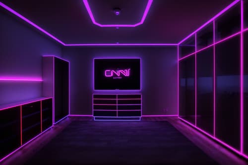 photo from pinterest of gaming room-style interior designed (walk in closet interior) . with neon letters on wall and at night and purple and red lights and speakers and purple, red and blue fade light and multiple displays and dark walls and dark room. . cinematic photo, highly detailed, cinematic lighting, ultra-detailed, ultrarealistic, photorealism, 8k. trending on pinterest. gaming room interior design style. masterpiece, cinematic light, ultrarealistic+, photorealistic+, 8k, raw photo, realistic, sharp focus on eyes, (symmetrical eyes), (intact eyes), hyperrealistic, highest quality, best quality, , highly detailed, masterpiece, best quality, extremely detailed 8k wallpaper, masterpiece, best quality, ultra-detailed, best shadow, detailed background, detailed face, detailed eyes, high contrast, best illumination, detailed face, dulux, caustic, dynamic angle, detailed glow. dramatic lighting. highly detailed, insanely detailed hair, symmetrical, intricate details, professionally retouched, 8k high definition. strong bokeh. award winning photo.