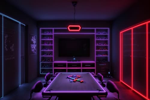 photo from pinterest of gaming room-style interior designed (walk in closet interior) . with neon letters on wall and at night and purple and red lights and speakers and purple, red and blue fade light and multiple displays and dark walls and dark room. . cinematic photo, highly detailed, cinematic lighting, ultra-detailed, ultrarealistic, photorealism, 8k. trending on pinterest. gaming room interior design style. masterpiece, cinematic light, ultrarealistic+, photorealistic+, 8k, raw photo, realistic, sharp focus on eyes, (symmetrical eyes), (intact eyes), hyperrealistic, highest quality, best quality, , highly detailed, masterpiece, best quality, extremely detailed 8k wallpaper, masterpiece, best quality, ultra-detailed, best shadow, detailed background, detailed face, detailed eyes, high contrast, best illumination, detailed face, dulux, caustic, dynamic angle, detailed glow. dramatic lighting. highly detailed, insanely detailed hair, symmetrical, intricate details, professionally retouched, 8k high definition. strong bokeh. award winning photo.